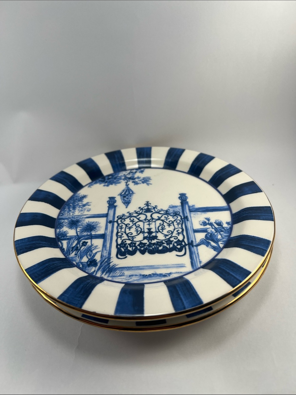Blue & White Porcelain Decorative Plates with Gold Trim